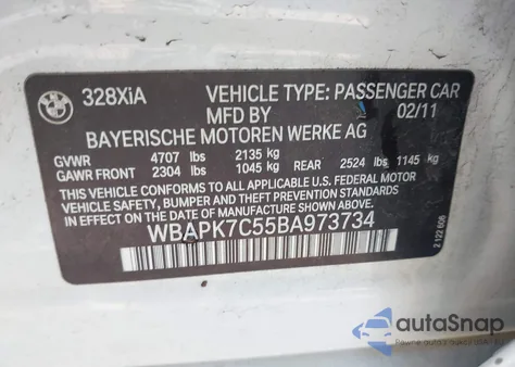 2011 BMW 328I xDrive z USA, uszkodzony, nr VIN WBAPK7C55BA973734